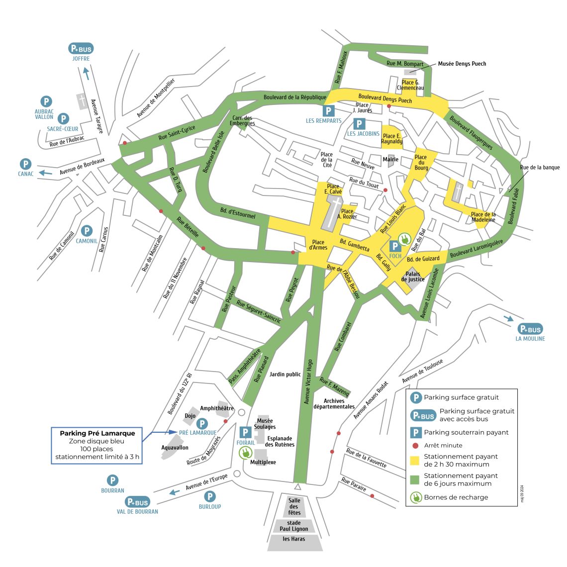 Rodez centre-ville, plan des zones de stationnement avec légende